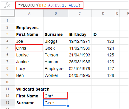The results of a surname wildcard VLOOKUP search used in Google Sheets.