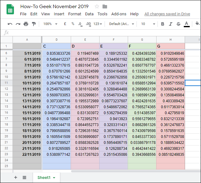 An example of frozen columns and rows in Google Sheets