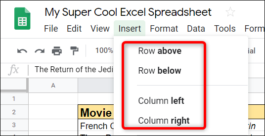 Next, from the options available, choose rows above or below or columns to the left or right.