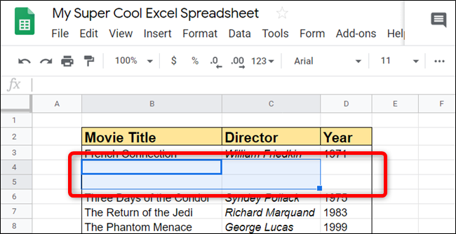 Blank rows or columns are added directly to the place where you specify. Sheets adds them seamlessly.