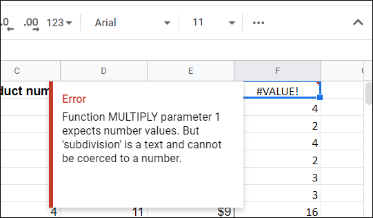 If you have headers at the top of a table, you will see this error. This just means that the formula only accepts integers as values, not words.