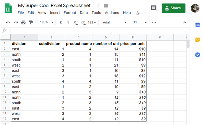 Example of a dataset in Google Sheets.