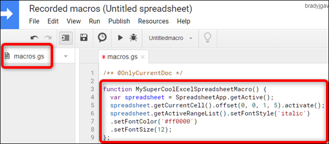In the macros.gs file, paste the macro's function from the first spreadsheet