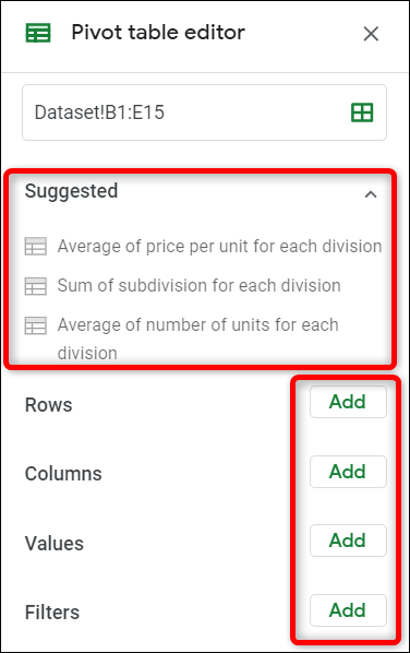 Choose between suggested pivot tables, or create your own custom pivot table.