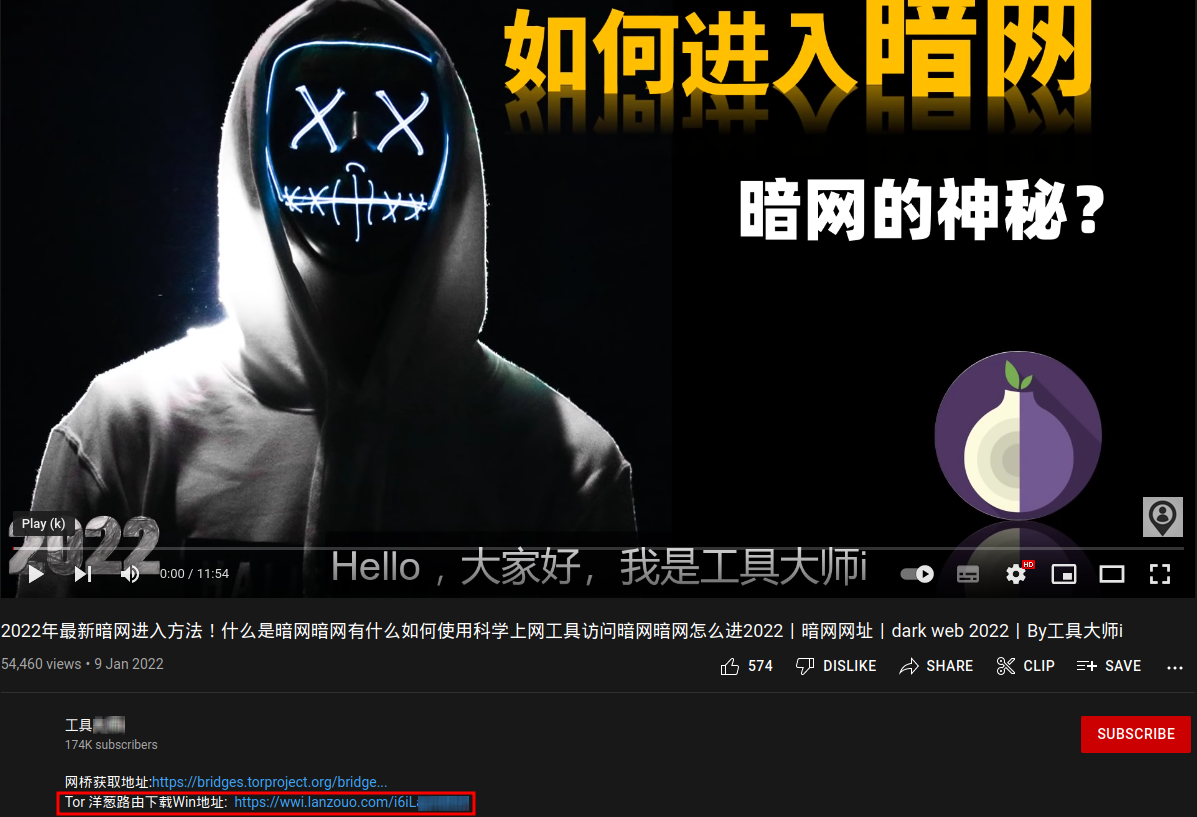 Screenshot of a YouTube video distributing Tor Browser infected with OnionPoison spyware