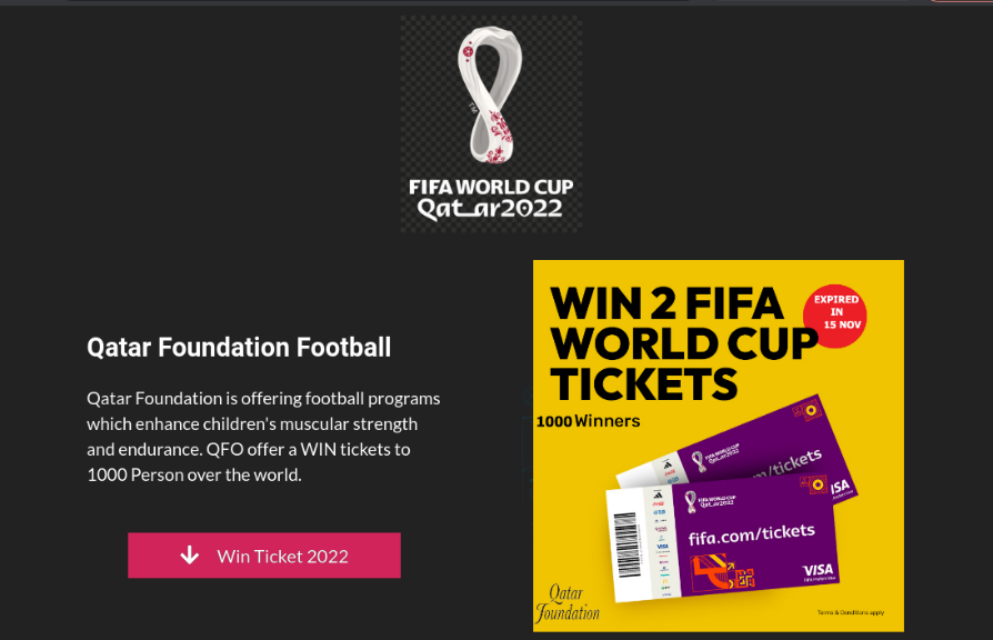 A phishing page offers a chance to win 2 FIFA tickets