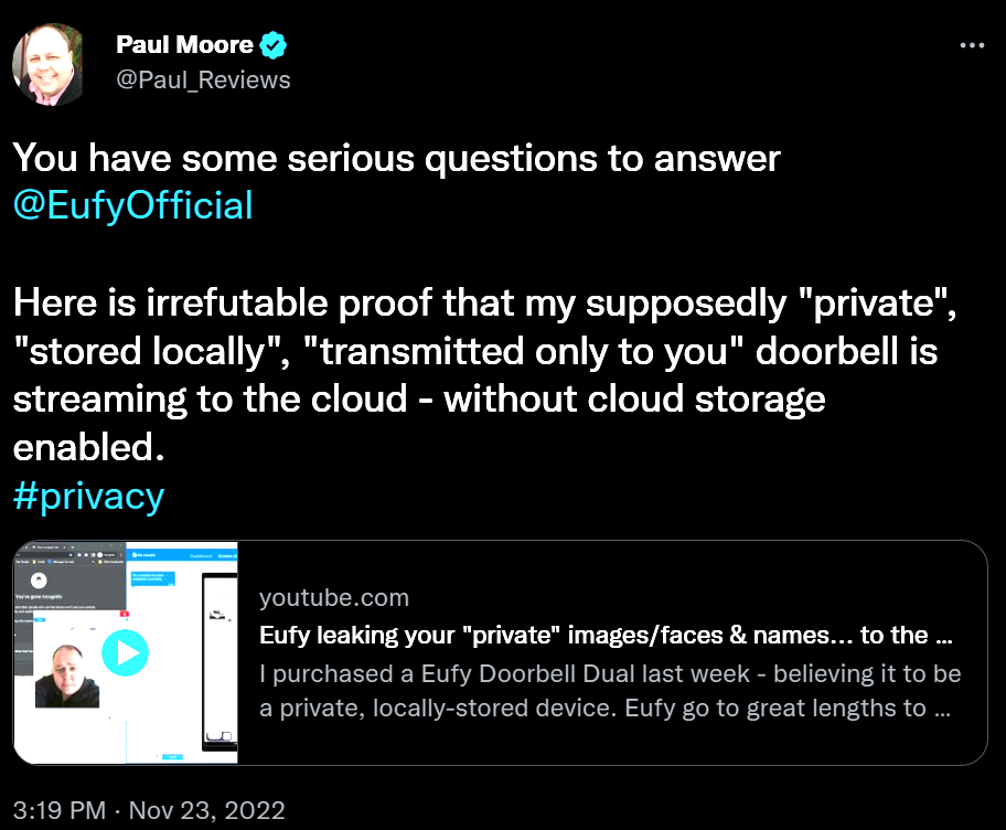 One of Paul Moore's tweets about Eufy cameras' data security issues.