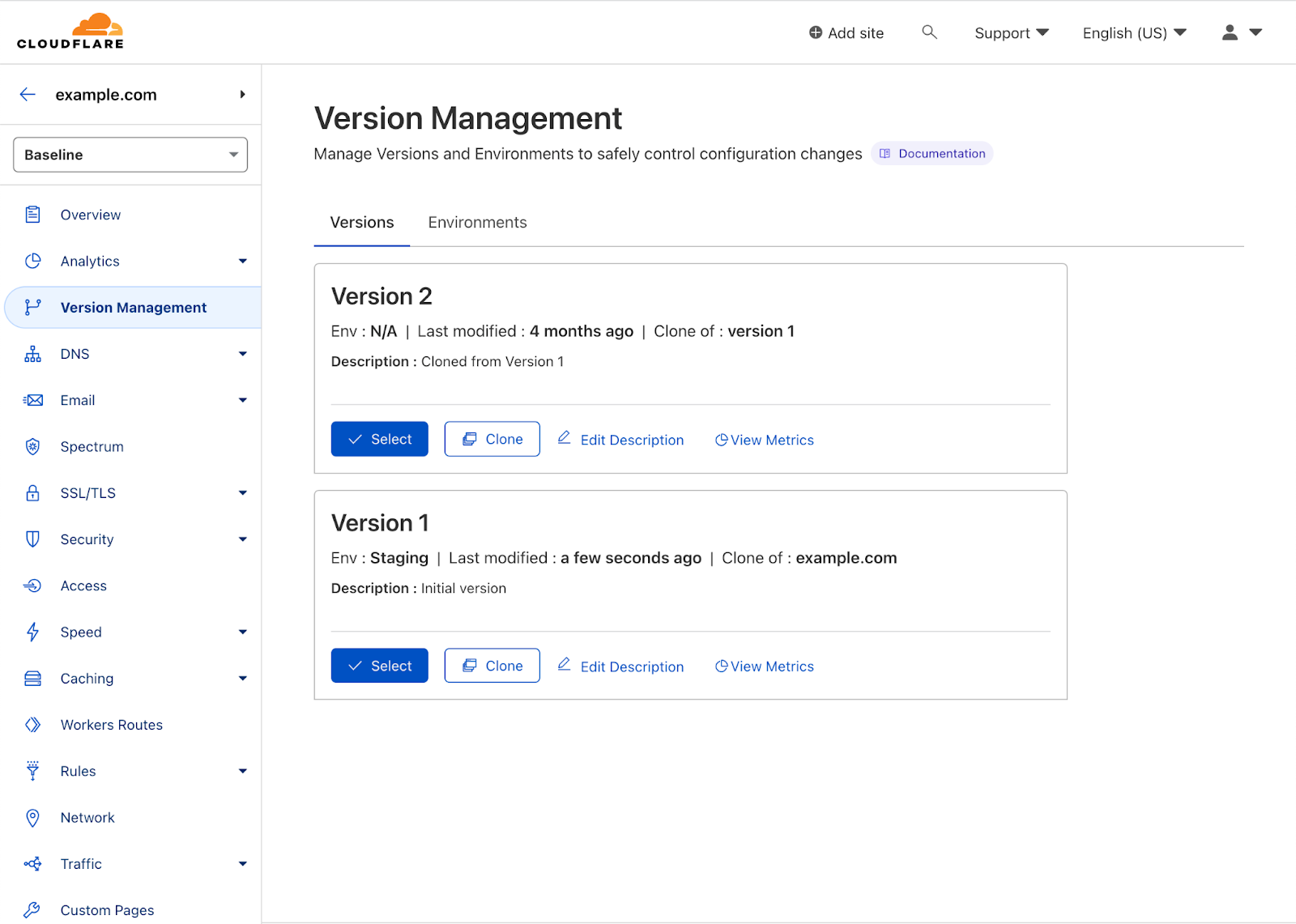 Version Management Screen in the Cloudflare dashboard showing 2 versions one of which is deployed to the Staging environment.