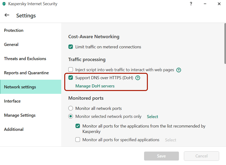 Checking Kaspersky settings for working with Secure DNS