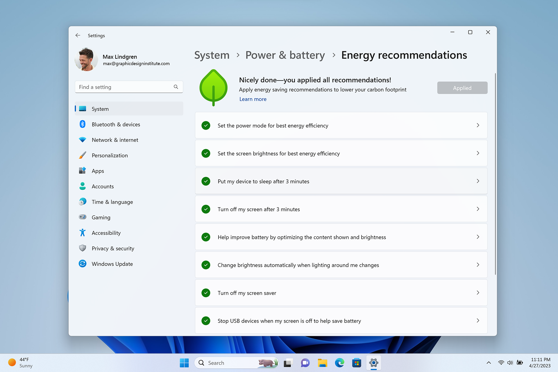 New energy recommendations experience in Windows 11
