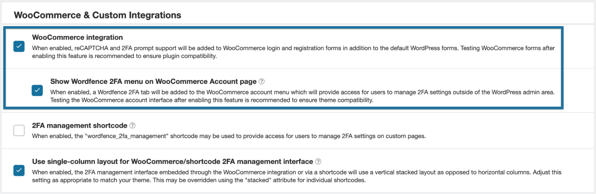 The WooCommerce & Custom Integrations options in the Wordfence Login Security Settings tab.