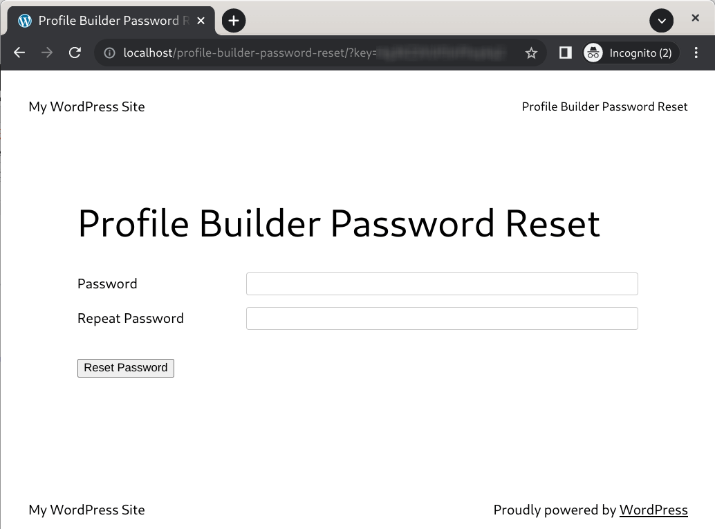 Password Recovery page with ‘key’ query parameter set to retrieved value