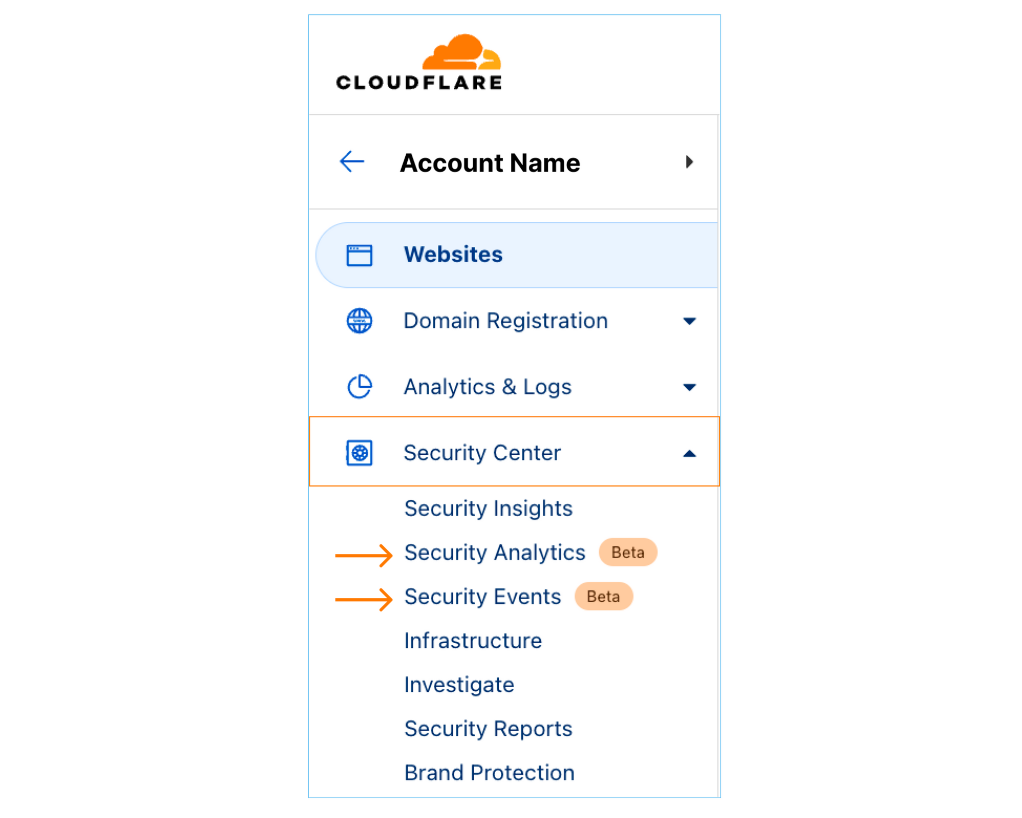 Snapshot highlighting Security Analytics and Events location in the dashboard sidebar