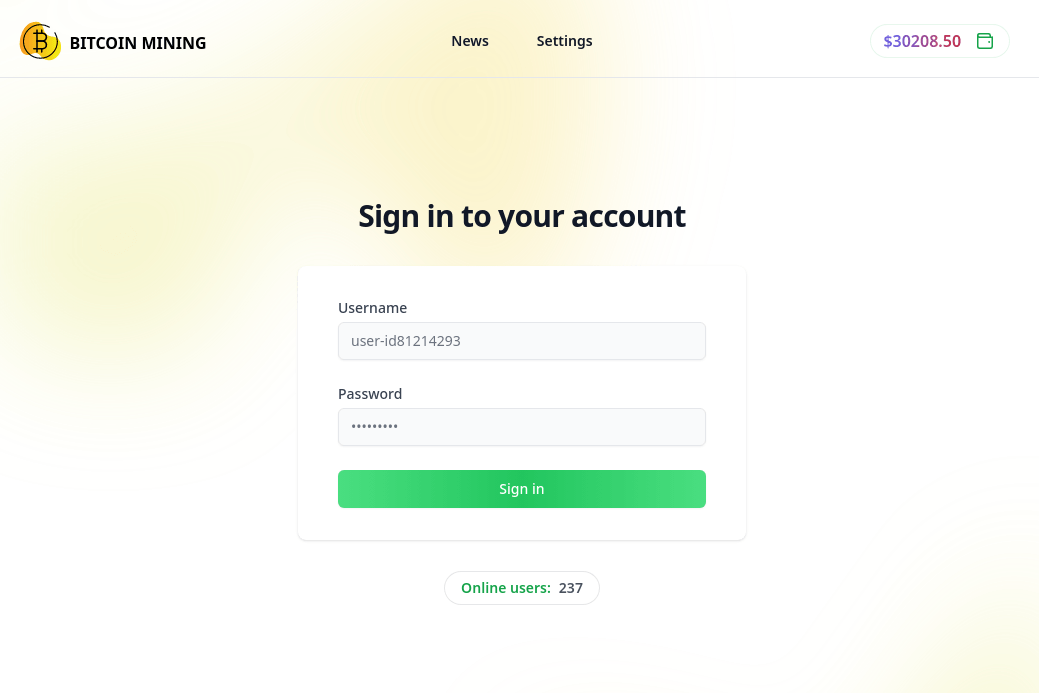 Form for entering credentials to log in to the fake mining platform