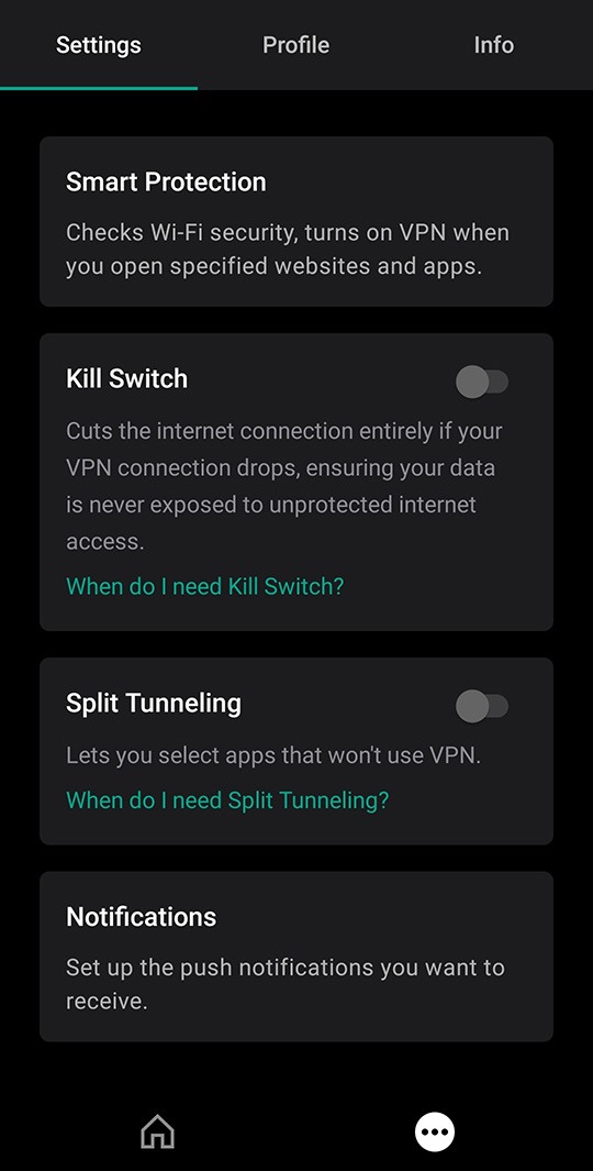 Kaspersky VPN Secure Connection settings for Android.
