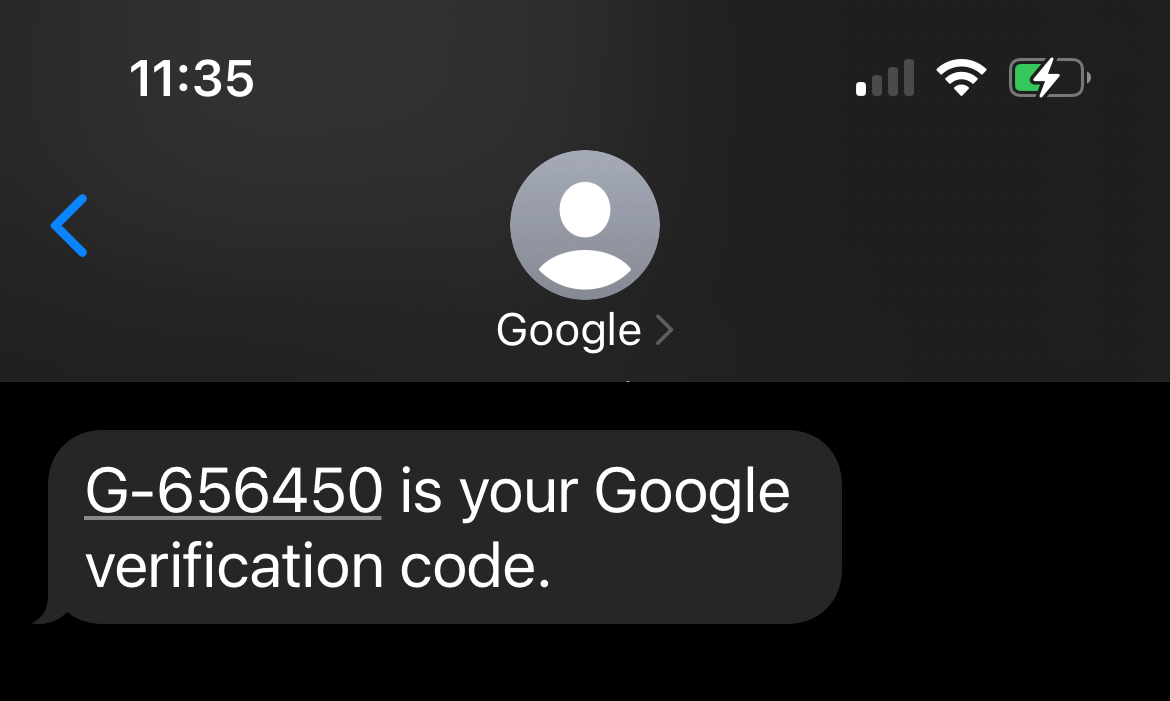 SMS with one-time Google account authentication code