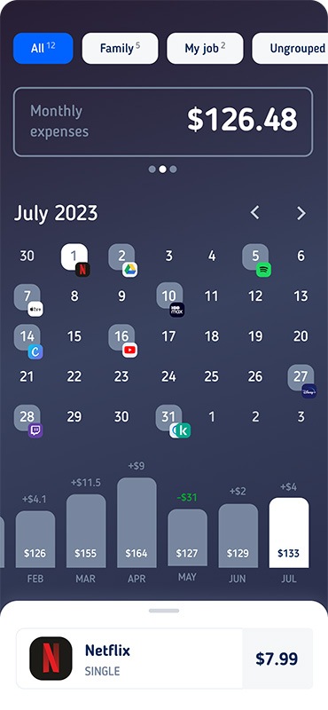 A single glance at the SubsCrab home screen will provide all subscription details for the current month, as well as monthly outlays, due dates, and the cost of each subscription