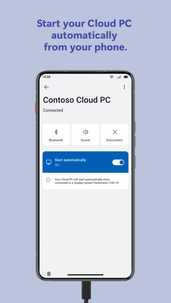 A mobile phone connected to the Connected Cloud PC, along with the words 