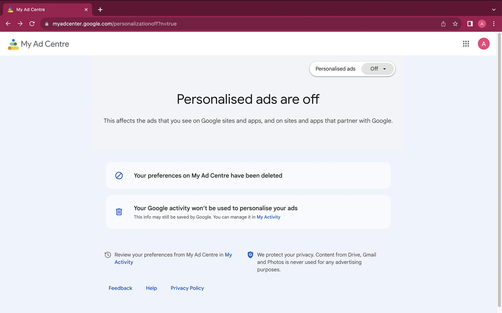 How to disable personalized ads in Google My Ad Centre