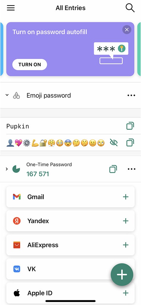 Emoji password and 2FA code in Kaspersky Password Manager