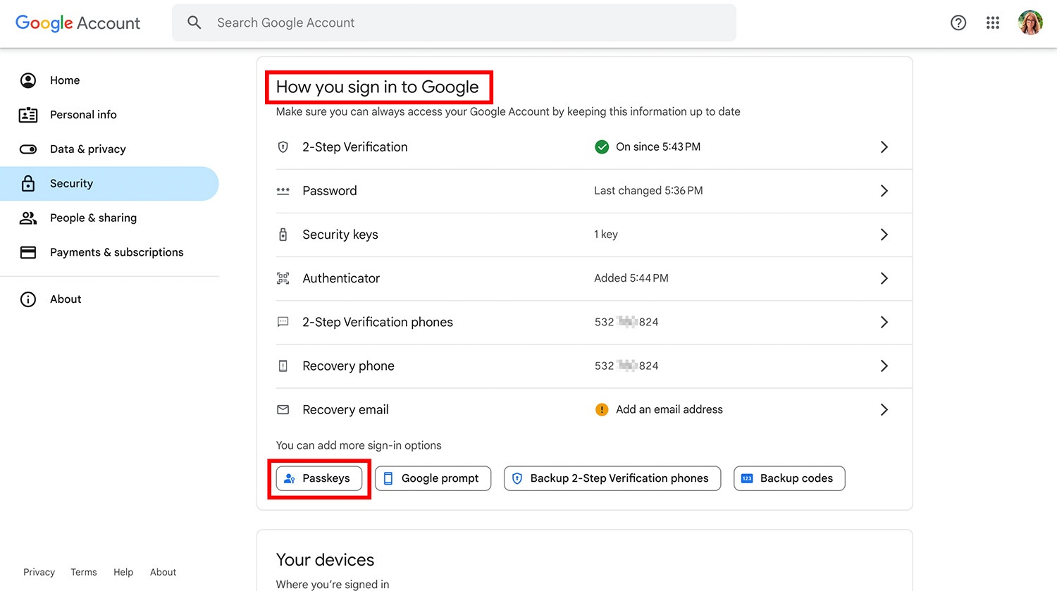 Where to find the passkey settings for your Google account, step 3