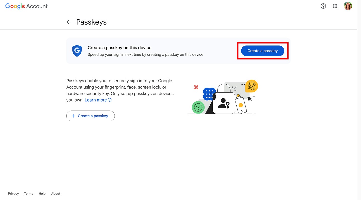 Creating a local passkey for your Google account in a desktop browser, step 1