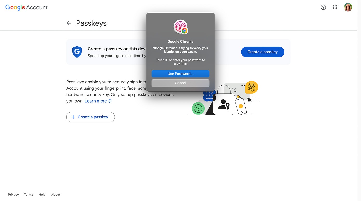 Creating a local passkey for your Google account in a desktop browser, step 3