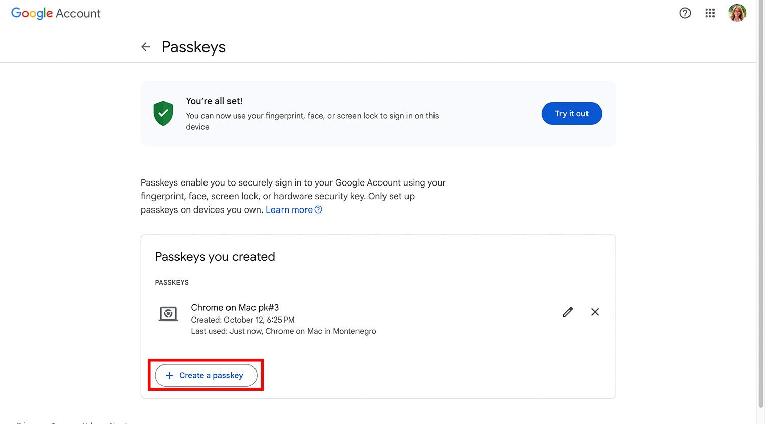 Creating a passkey for your Google account on a smartphone, step 1