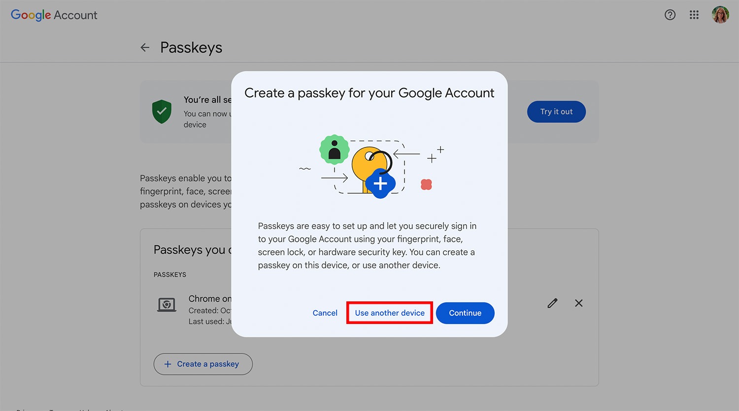 Creating a passkey for your Google account on a smartphone, step 2