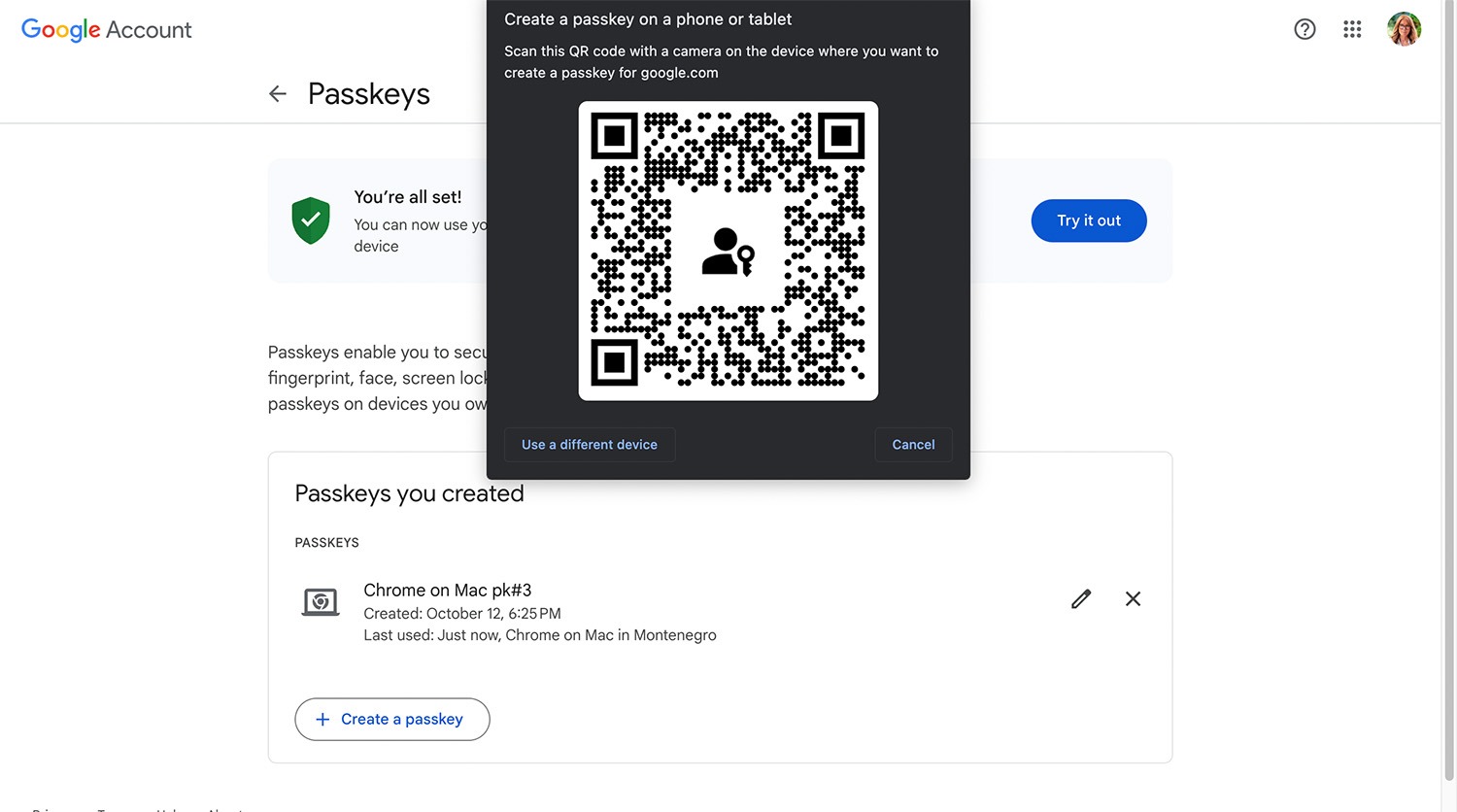 Creating a passkey for your Google account on a smartphone, step 3