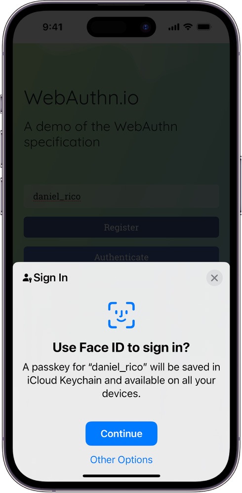 Confirming the passkey registration on iPhone