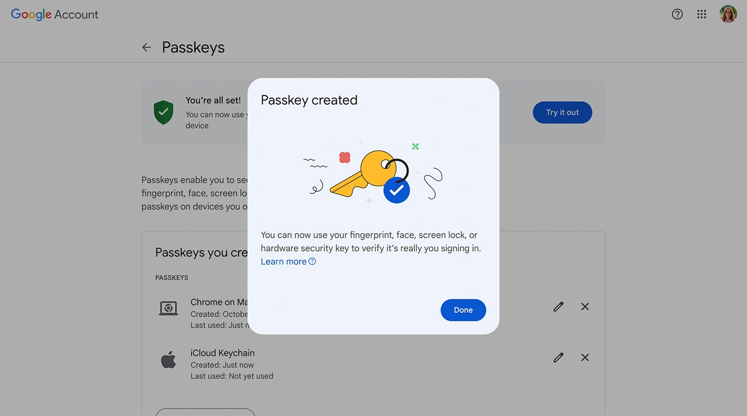 A passkey for a Google account on a smartphone successfully created