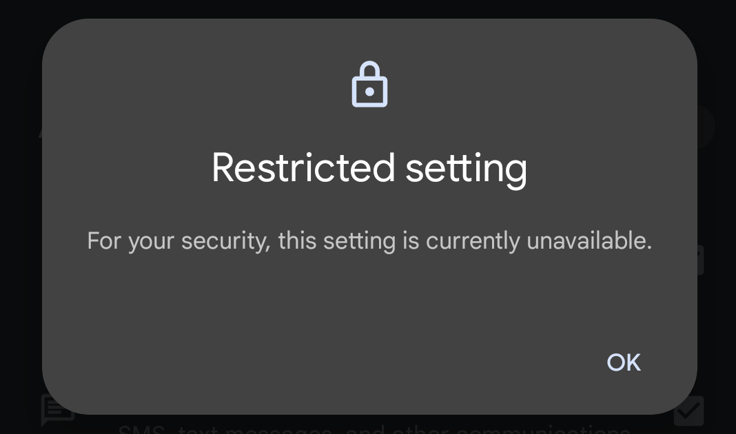 Restricted Settings pop-up window