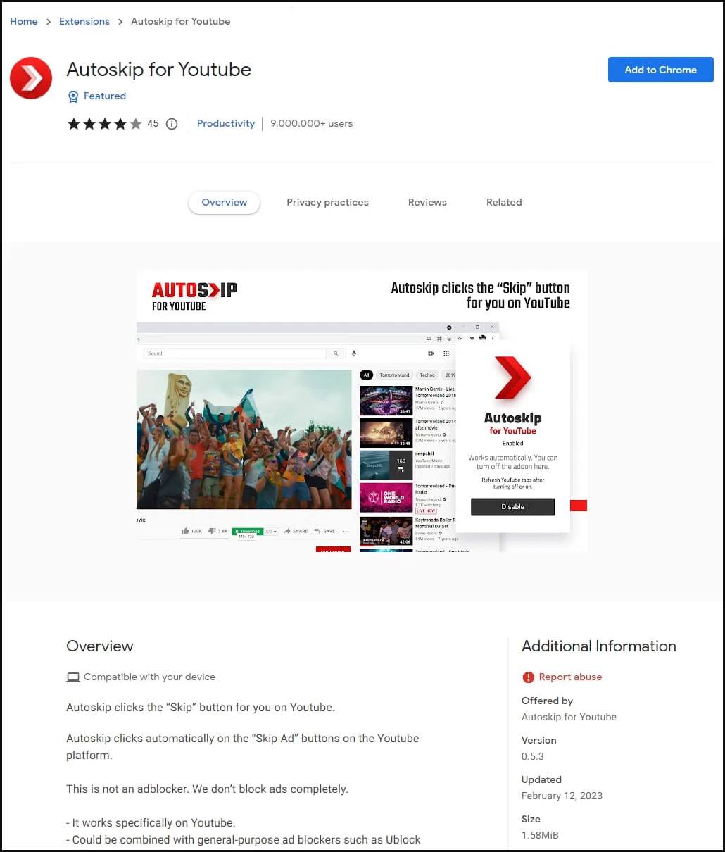 Malicious Autoskip extension for YouTube in the Google Chrome Web Store