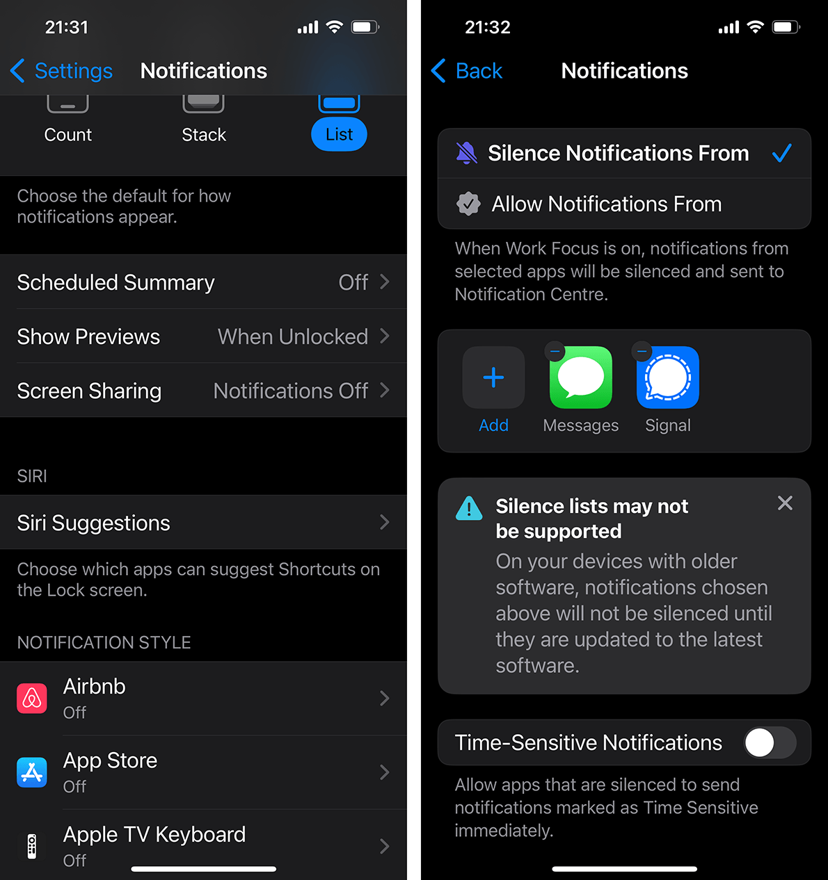 Notification settings and Focus mode in iOS