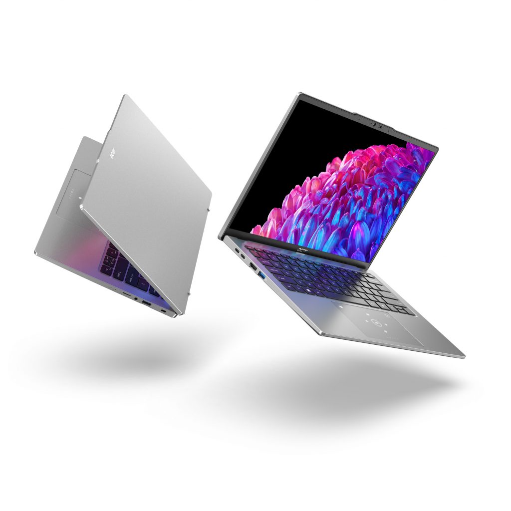 Two Swift Go 14 laptops floating in air, one open fully