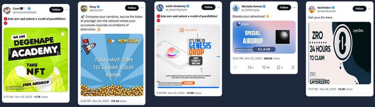 These X (Twitter) ads promoted NFT airdrops and new token launches on sites that contain the drainer