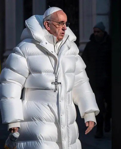 One of the first deepfakes to go viral worldwide: the Pope sporting a trendy white puffer jacket