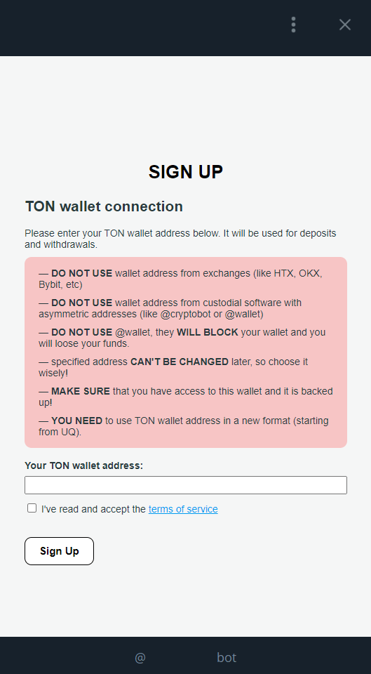 Window of the bot for purchasing boosters; registration requires you to enter the address of the wallet previously created in the crypto wallet bot