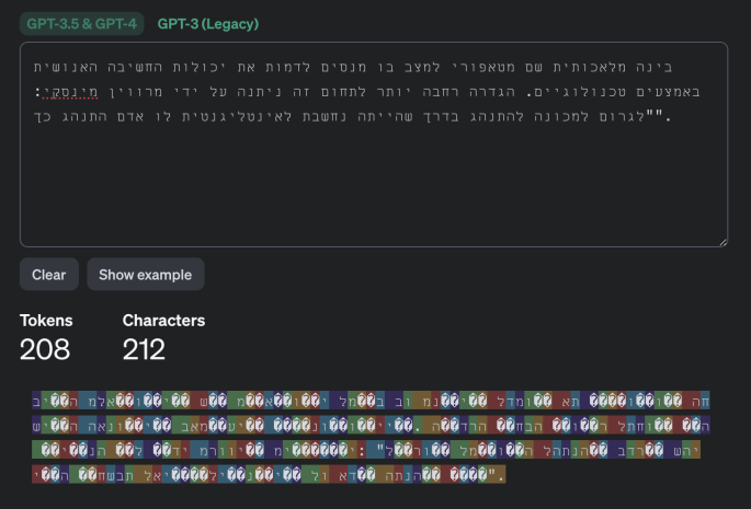 Examples of text tokenization in different languages using the GPT-3.5 and GPT-4 models: Hebrew