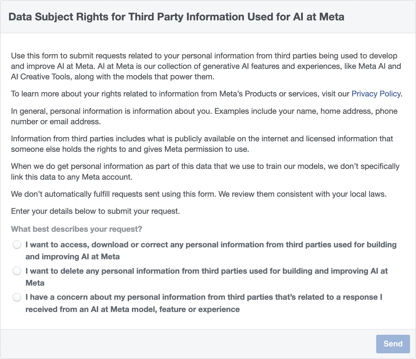 Opt-out form to stop Meta AI using your personal information for AI training