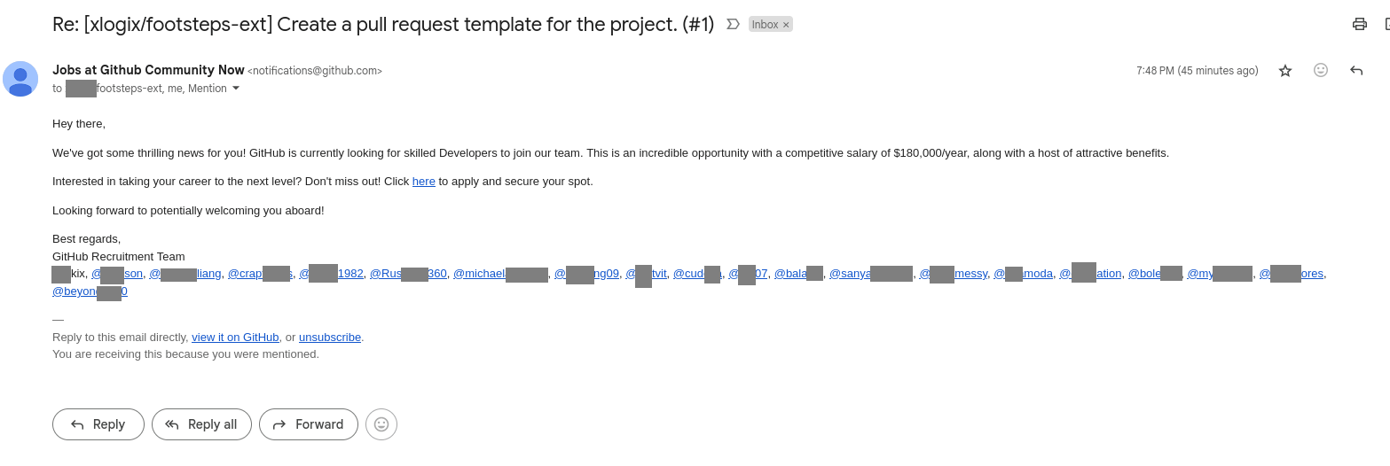 Phishing email from GitHub with a job offer