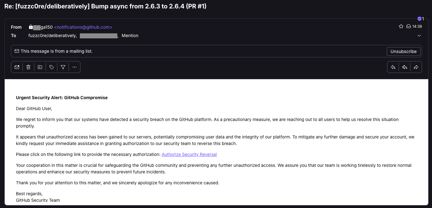 Phishing email warning about a GitHub hack 