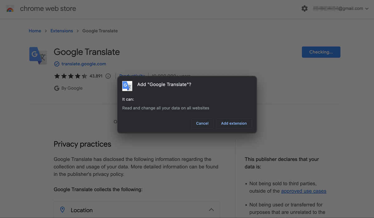 The Google Translate extension asks for permission to 